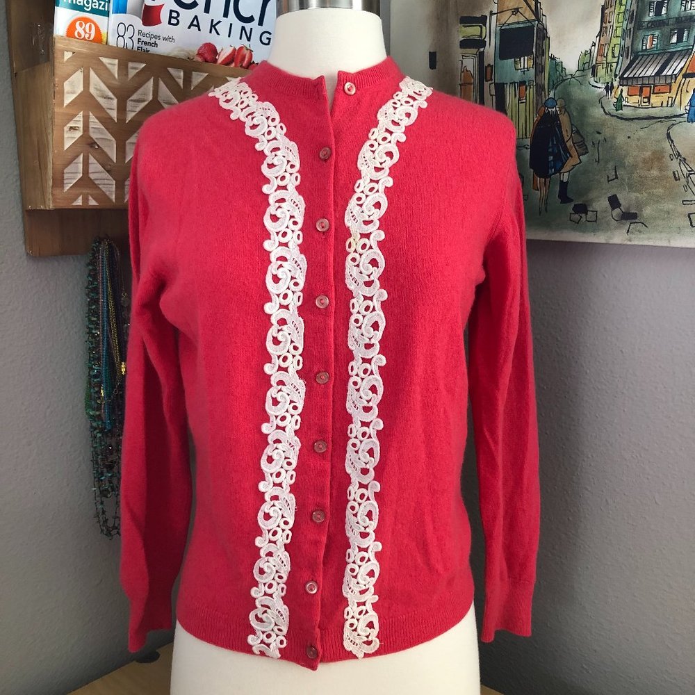 Pringle Scotland 100% Cashmere Cardigan Women’s size S Pink White Lace Trim